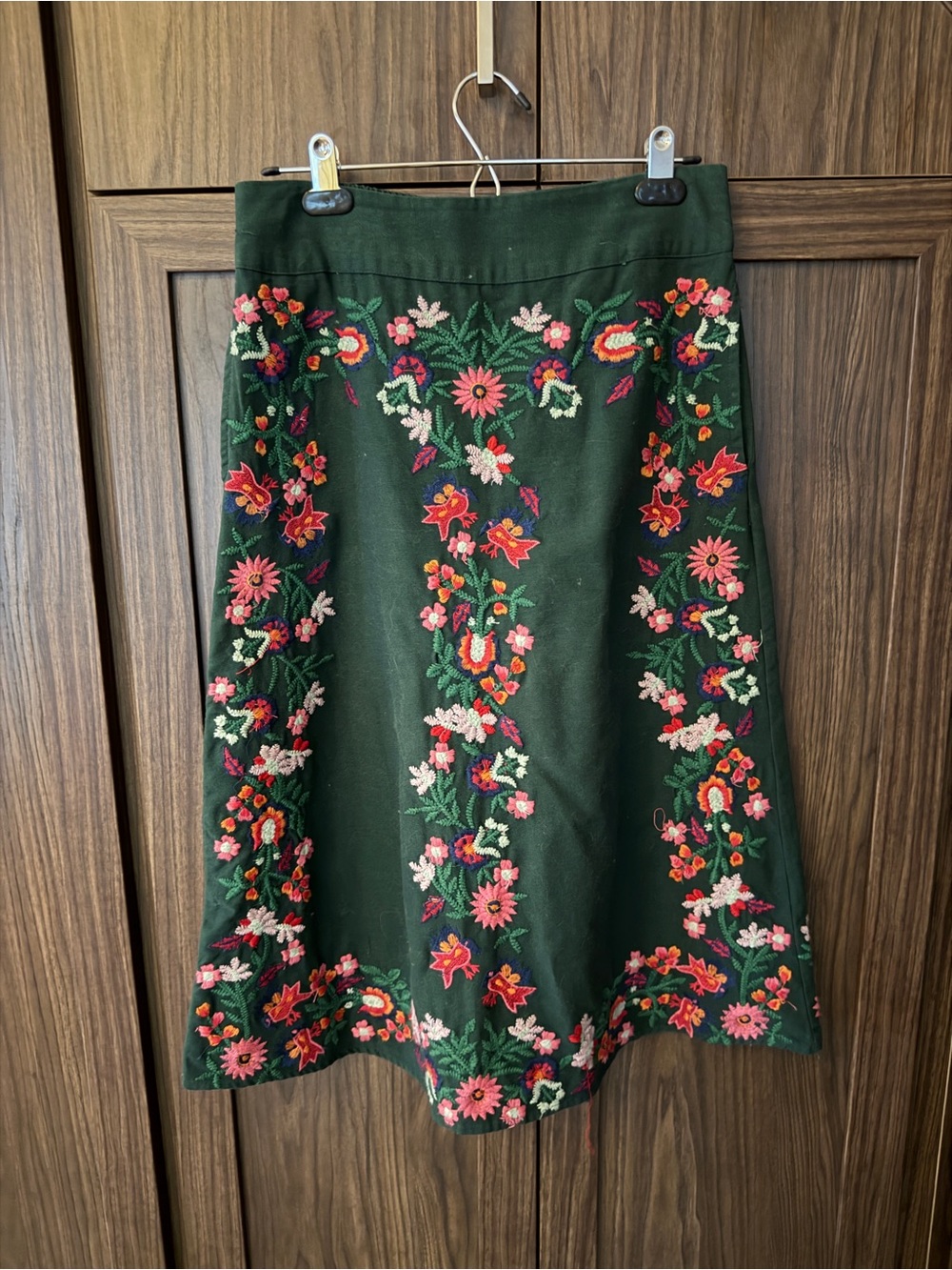 Zara Dark Green A-Line Skirt with Multicolor Floral Embroidery